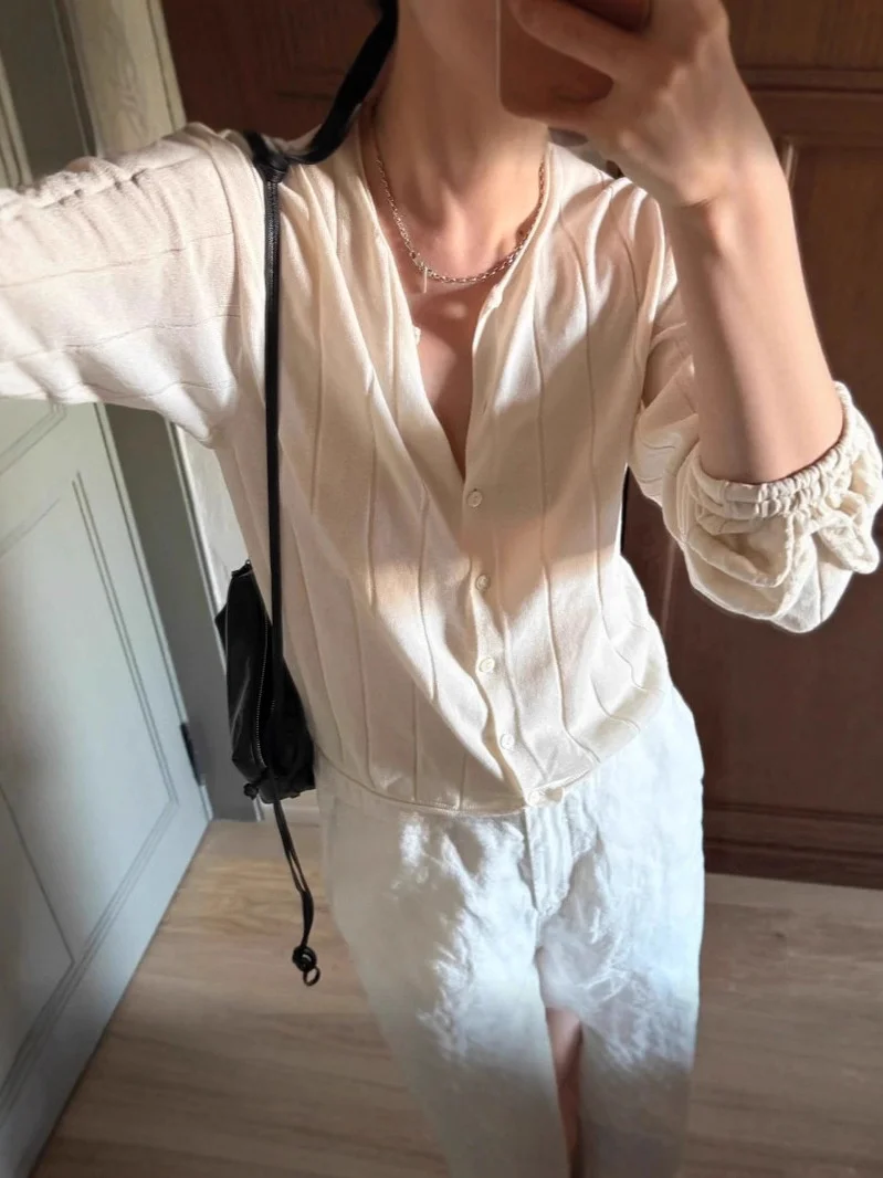 

Вязаный открытый кардиган в полоску, корейский простой женский верхний костюм, яркий ультратонкий цвет