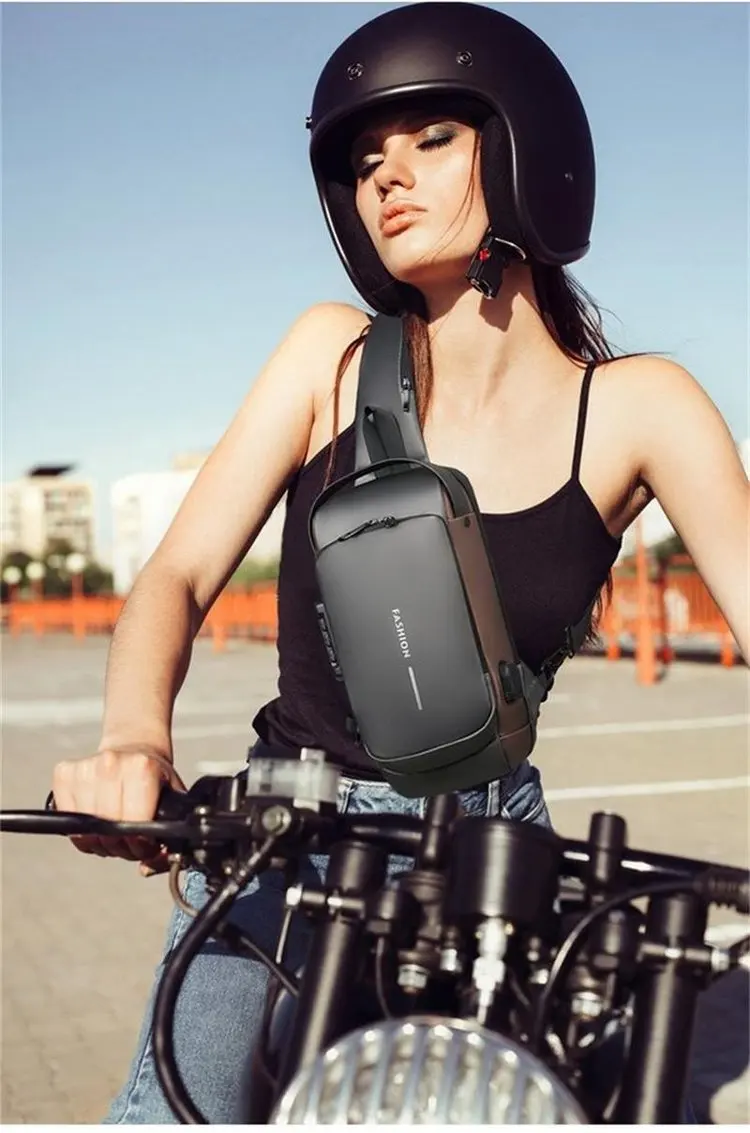 Borsa a tracolla multifunzione in PU da uomo con ricarica USB borsa a tracolla sportiva antifurto maschile con blocco Password per l'equitazione di zaini per moto