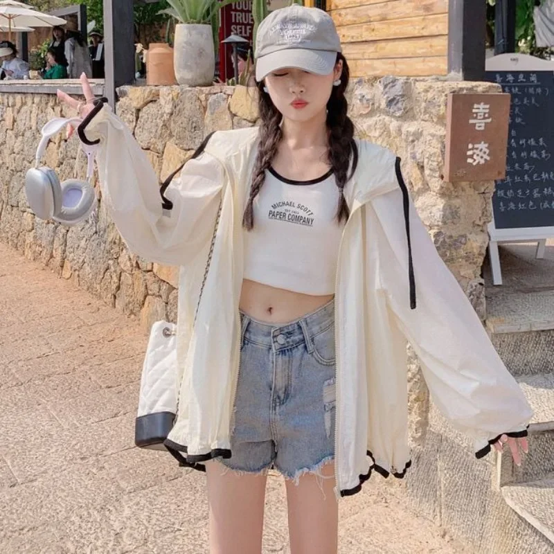 

Summer Jackets Women Hooded Preppy Style High Street Holiday Casual Long Sleeve Loose Fashion New Sun-proof Korean Style Outwear