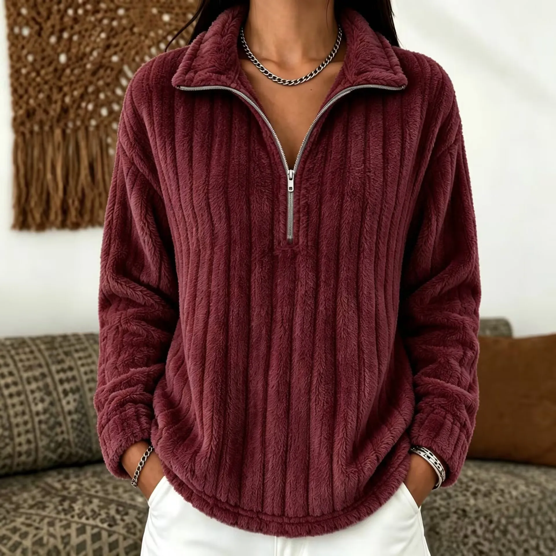 Women's Autumn Winter Turn Collar Ribbed Fleece-lined Warm Zip-up Long-sleeved Sweatshirt