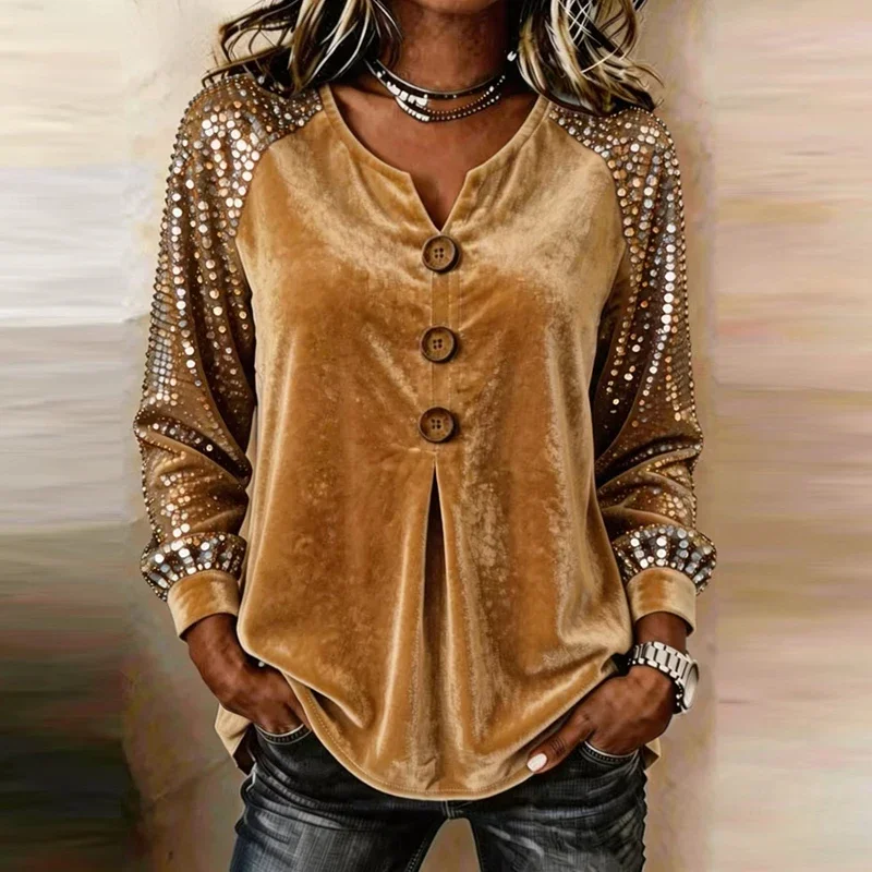 Elegant Velvet Sequin Shirt Women Long Sleeve Button Front Split Loose Blouse Autumn Winter Shirt Casual V Neck Party Pullover