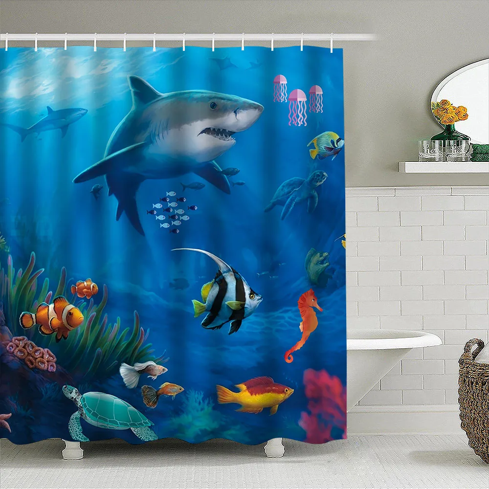 1pc Shark Ocean tenda da doccia divisorio per bagno tenda decorativa lavabile in lavatrice Ocean World Print Window Privacy Curtain