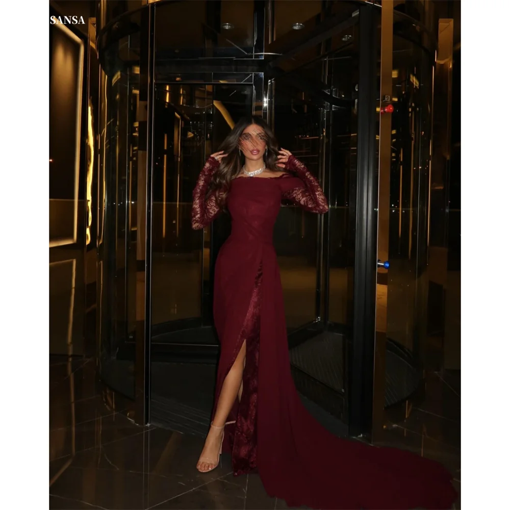 

Sansa Customized Side High Slit Court Train Mermaid Prom Dresses Chiffon Wine Red فساتين سهرات Lone Sleeve فساتين للمناسبات الخا