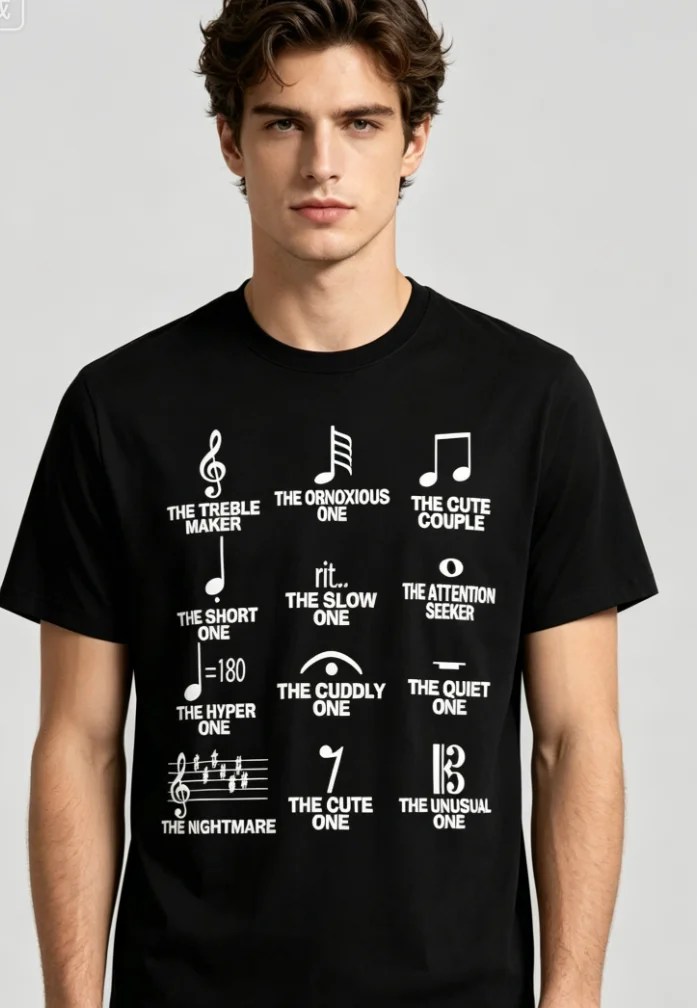 Men'S T-Shirt Music Symbol Fun Character Print T-Shirt Individual Creative Note Short Sleeve Top Sturdy All-Season Clothing