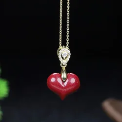 Natural Vermilion Love Heart Jade Pendant 925 Silver Gilt Purple Gold Sand Lucky Necklace Collarbone Chain Women Fashion Jewelry