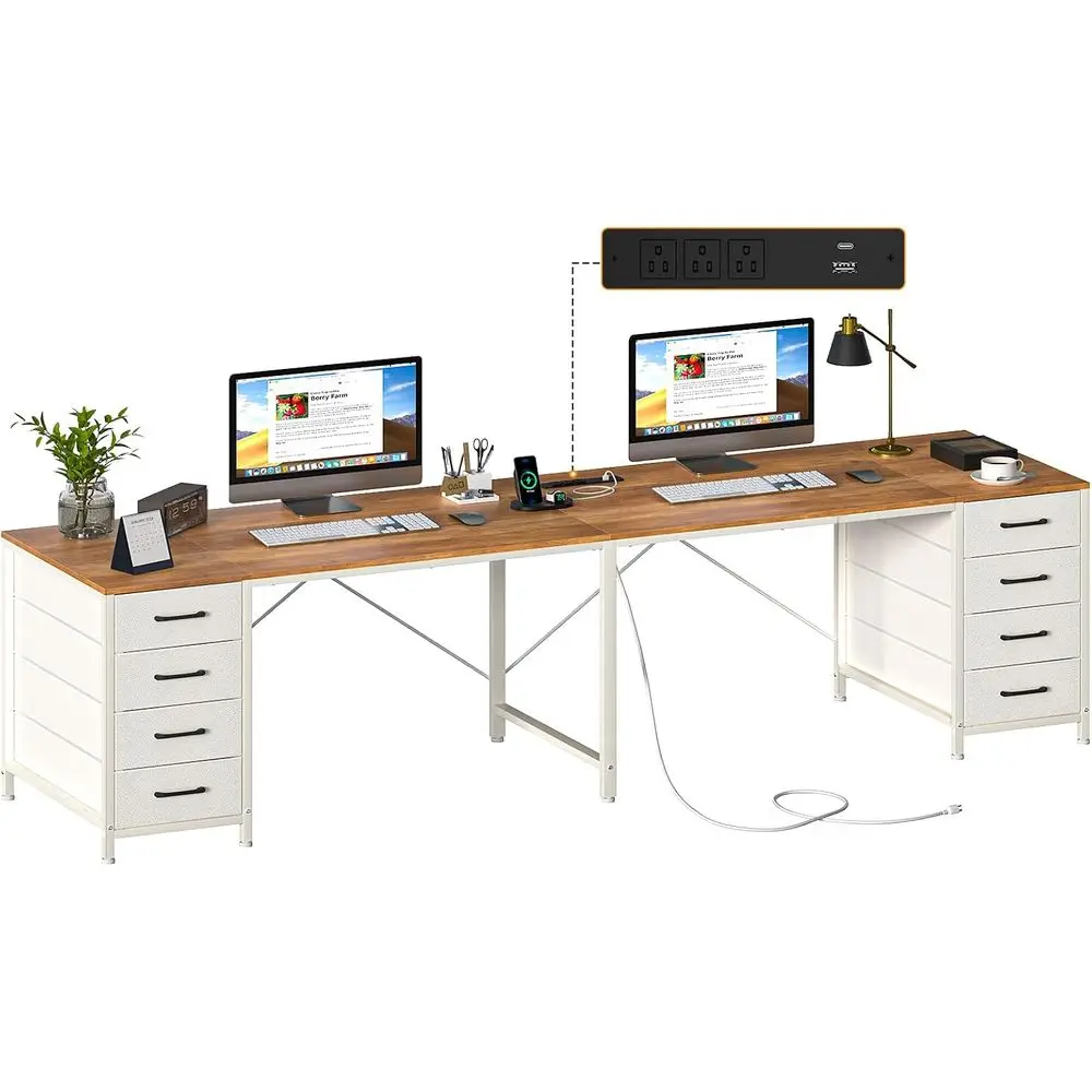 95 Dual-Person Desk with 8 Drawers, Home Office Desk with Storage, Two-Seat Workstation with Power Outlets, Brown & White