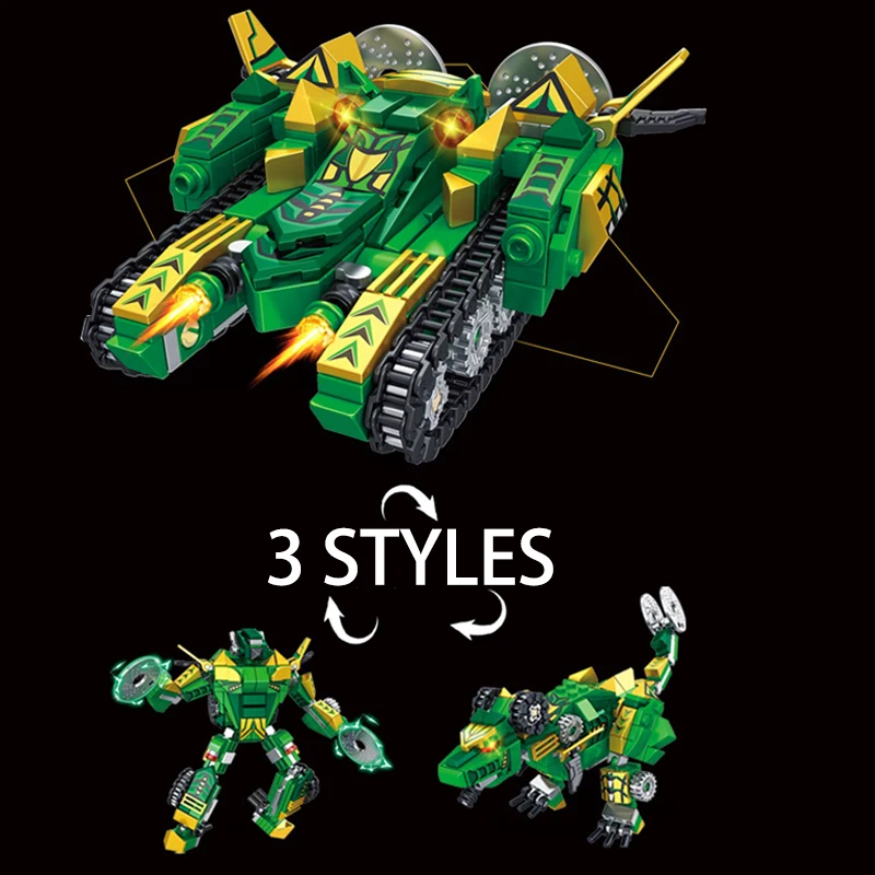 3-in-1 Military Tank Dinosaur Building Blocks War Robot Bricks Model WW2 Weapon Soldiers Toys For Kid Birthday Gift