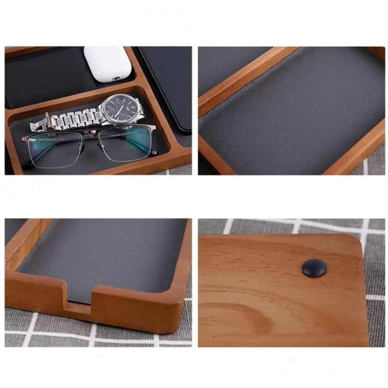 

【Home-Accessories】Wooden Nightstand Organiser Tray 4 Compartment Leather Design For Phone , Jewelry Storage Catchall Tray For De