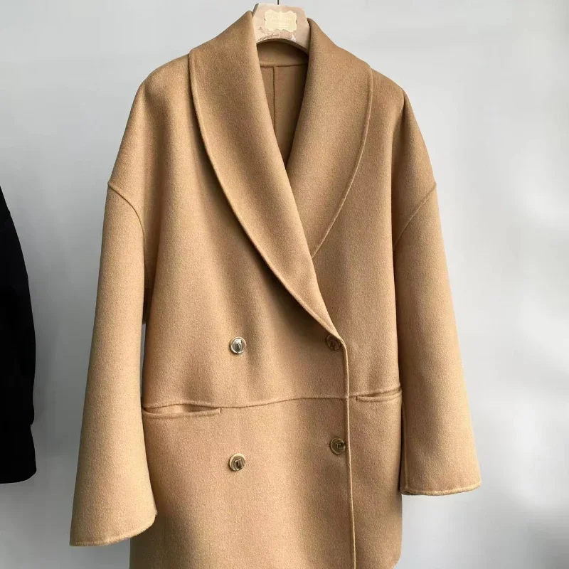 Autunno e inverno nuovo cappotto di lana doppiopetto a 3 colori cappotto di lana con risvolto a scialle con profilo allentato di media lunghezza