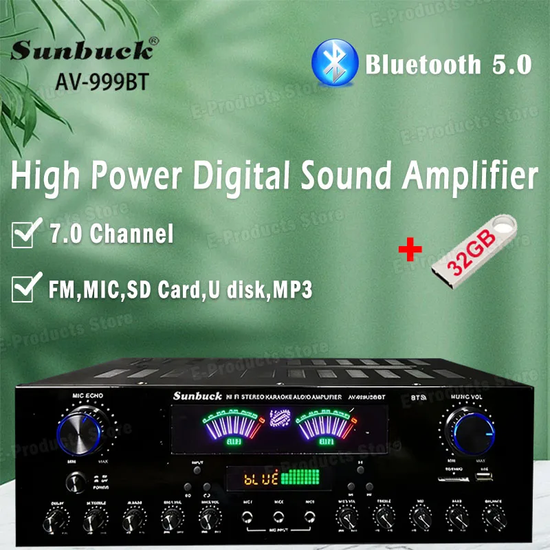 Hochleistungs-Soundverstärker SUNBUCK 999BT Bluetooth 5.0 Dual Dynamic Screen Stereo Hi-Fi Digitalverstärker für Heimkino-System