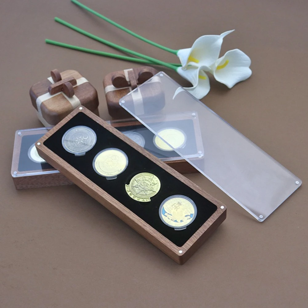 4 Grids Wooden Coin Display Box with Black Lining Commemorative Coin Storage Holder Collection Protective Display Case