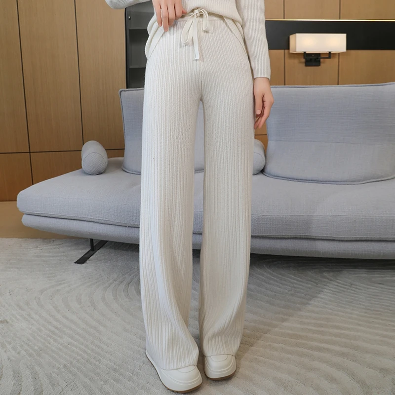 Elegant Women 100% Merino Wool Trousers Drawstring Waist Autumn Winter Knited Ribbed Pants New Chic Woman Wool Wide Leg Trousers