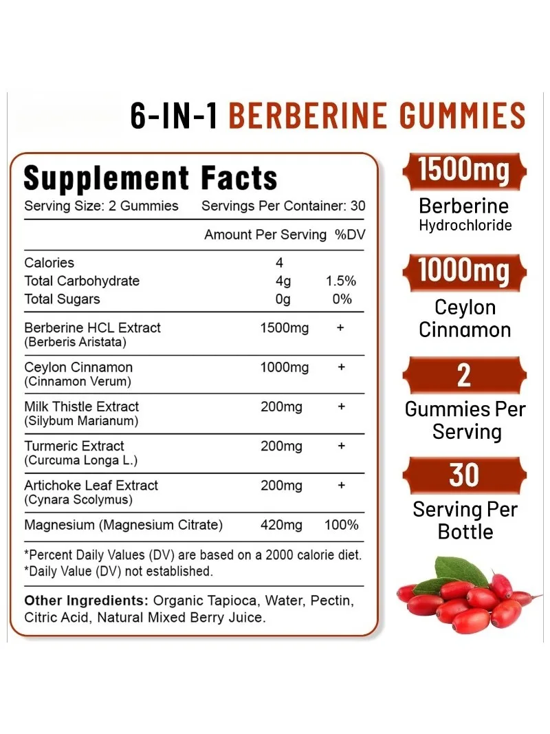 Berberine Gummies, HCL Containing Ceylon Cinnamon, Magnesium Citrate, Adult and Children's Milk Thistle Supplements