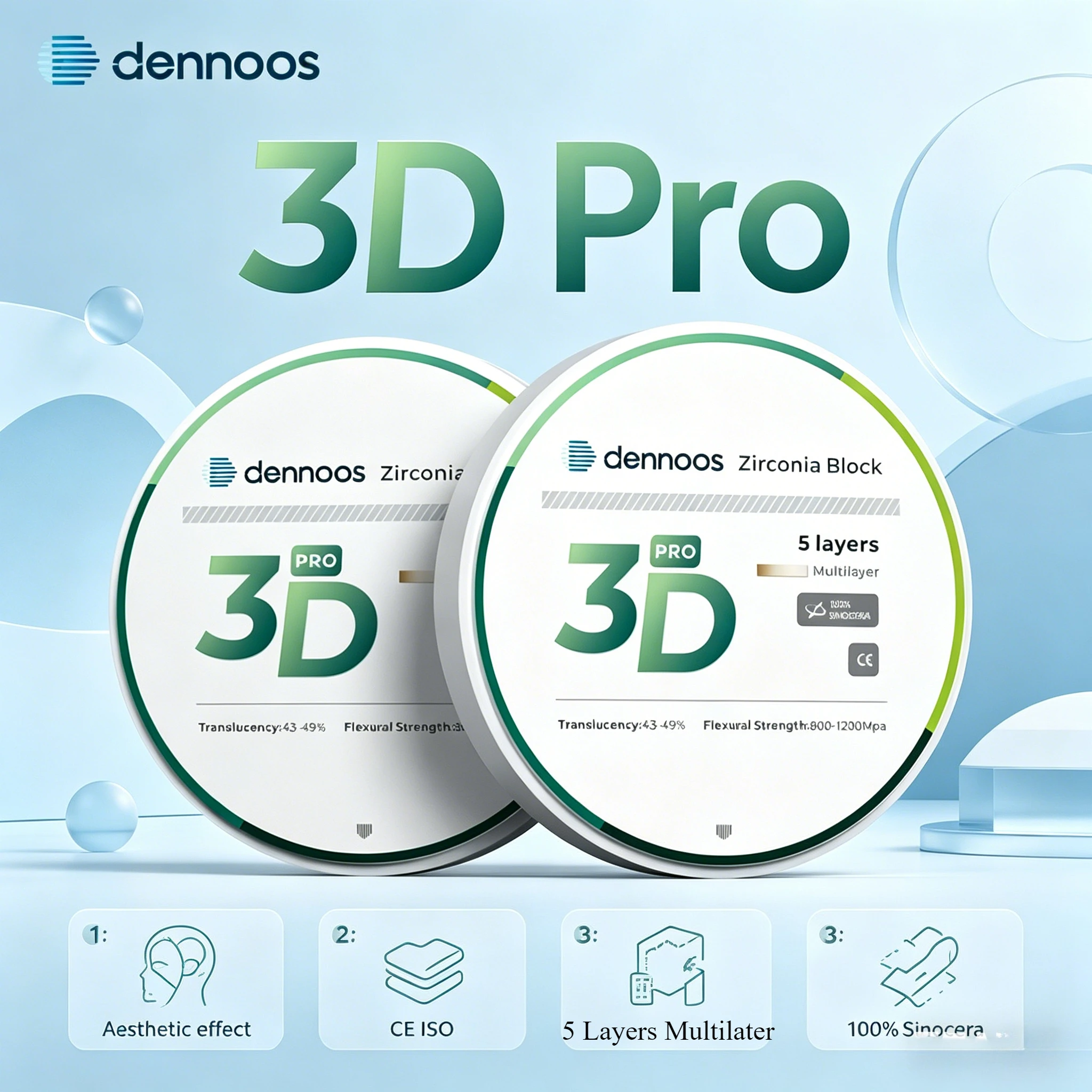 Dennoos 3D PRO Mehrschichtige Zirkonoxid-Scheibe 98mm 10-25mm Farben Offenes System CAD CAM Dentallabor-Materialien