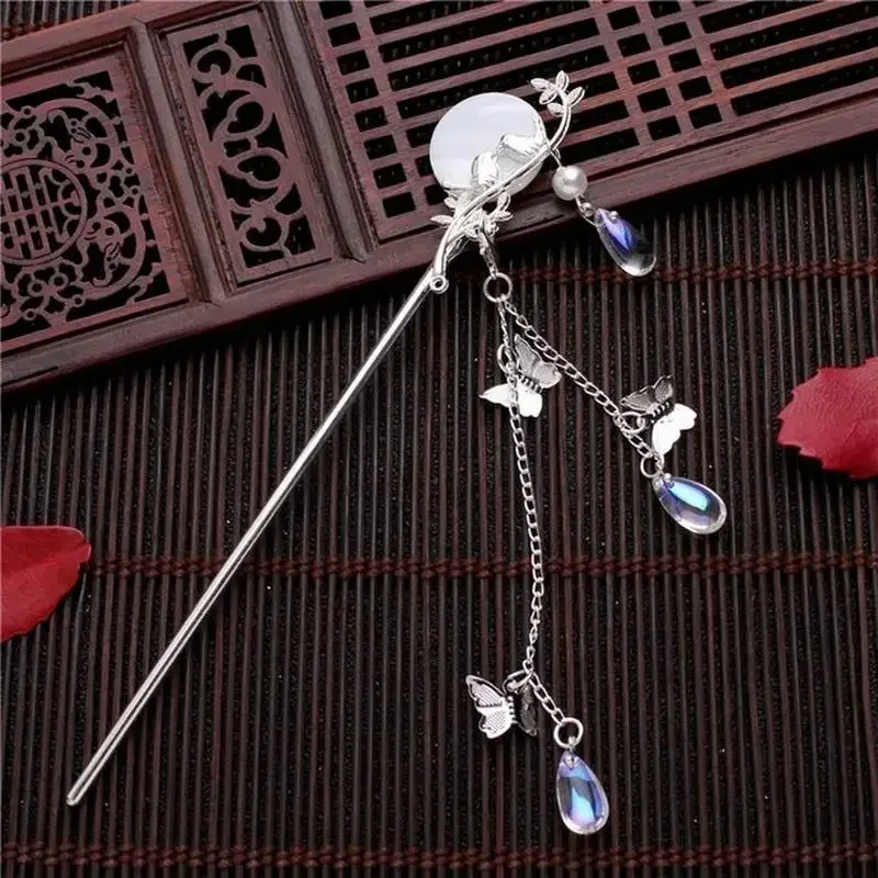 Hanfu Hair Fork Jewelry Ornaments Chinese Traditional  Classic Pearl Tassel Butterfly Stick Plate Hairpin White Accessories Gift