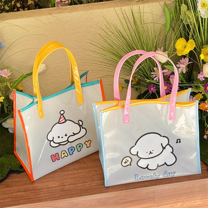 

Women Cute Girls Travel Kawaii Cartoon Clear PVC Transparent Beach Patches Stuff Tote Bag with Handles for Swim Shopping Bags