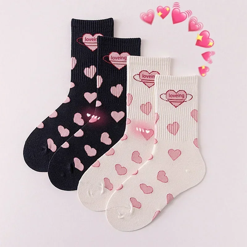 1 Pair Lolita Socks Girls Female Mid-tube Sock Ins Fashion Love Heart Japanese Harajuku Cute Student Socks Red Long Cotton Socks