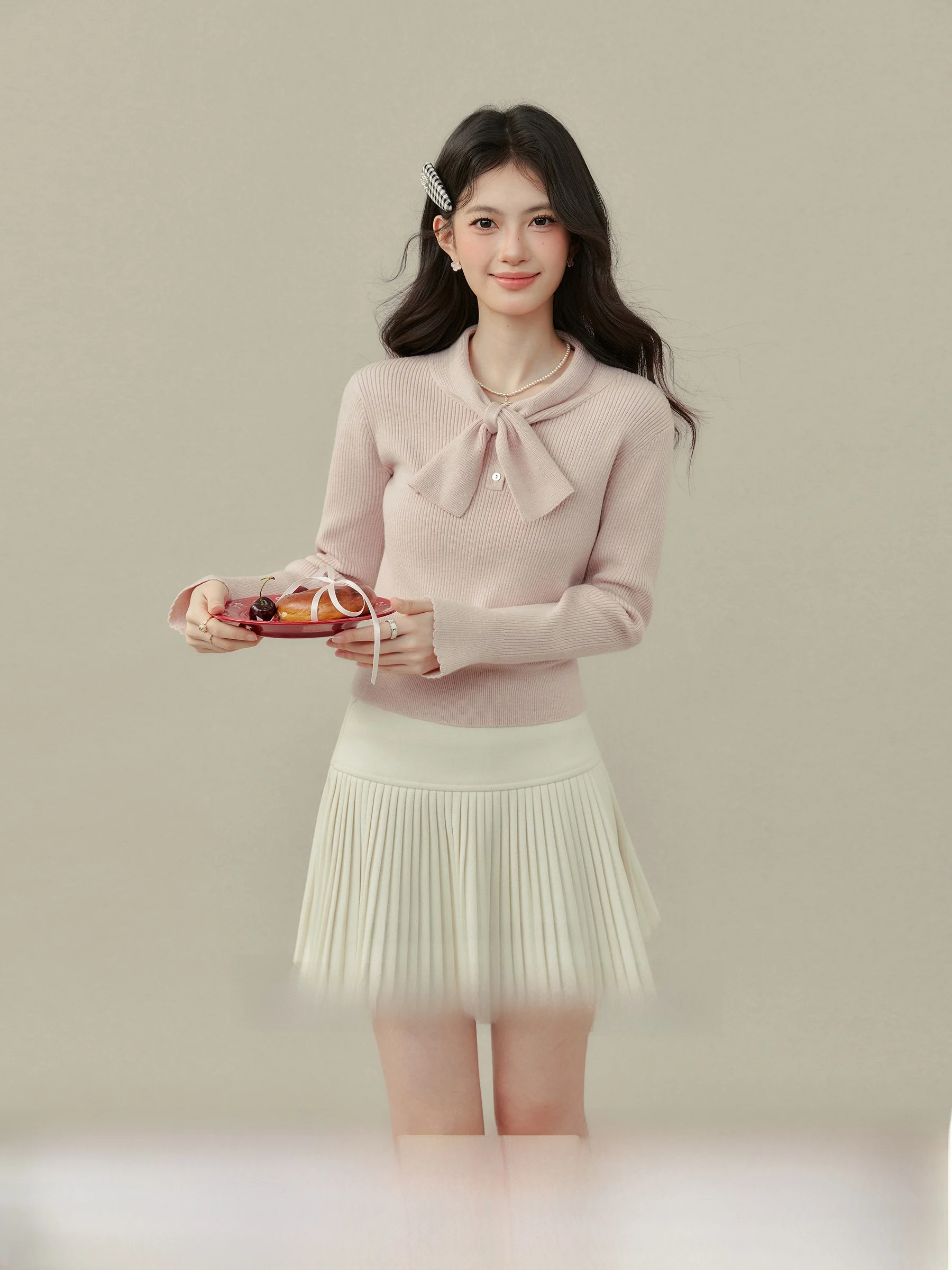 

Pink Knitted Top with Bow Tie Women's Gentle Base irt Knot Long Sve Regular Length Winter Faion Ladies' Clothes