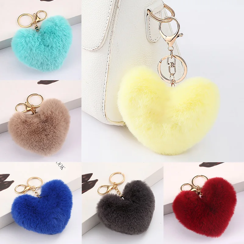 Large Heart Pompom Key Chain for Women Rainbow Plush Ball Keychain Car Bag Pendant Fashion Jewelry Fluffy Love Pompons Keyring