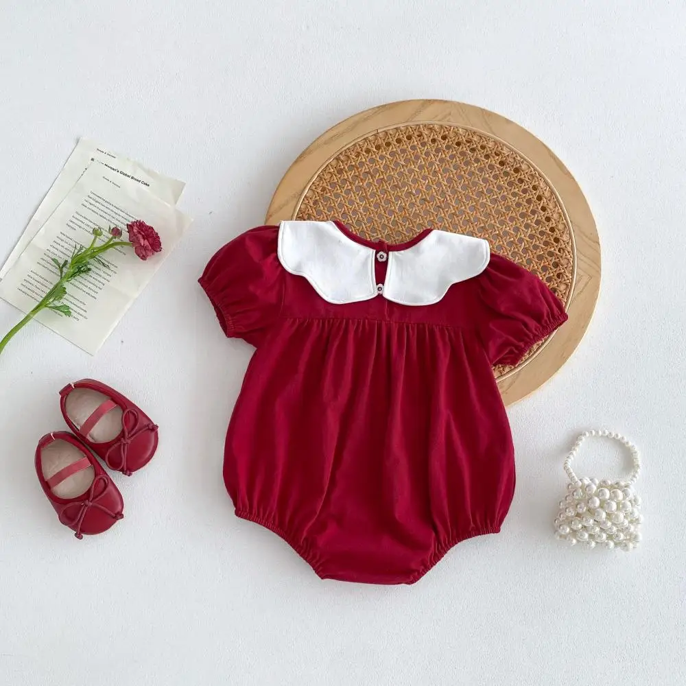 2024 Cartoon Embroidered Doll Neck Baby Girls Romper Cute Girl Red Simple Bodysuit First Birthday Family Party Newborn Clothing