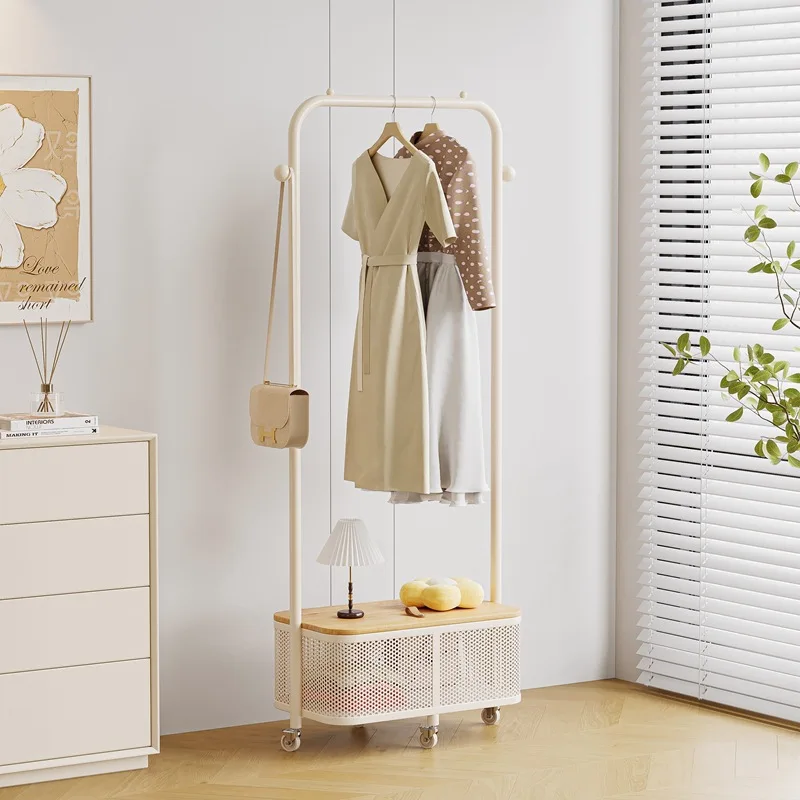 Wrought iron French cream trench coat rack for bedroom, floor-standing mobile storage bedside table, coat rack
