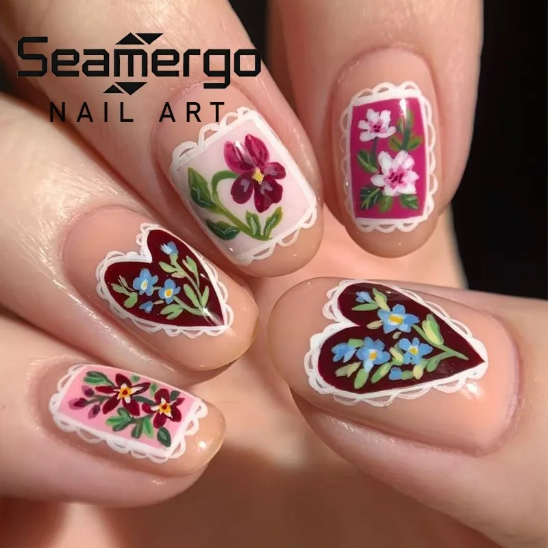 

24PCS Spring Flowers Press on Nail Vintage Vintage Lace Floral Design Short Oval Fake Nails for Women Girls Glossy Nude Wearable