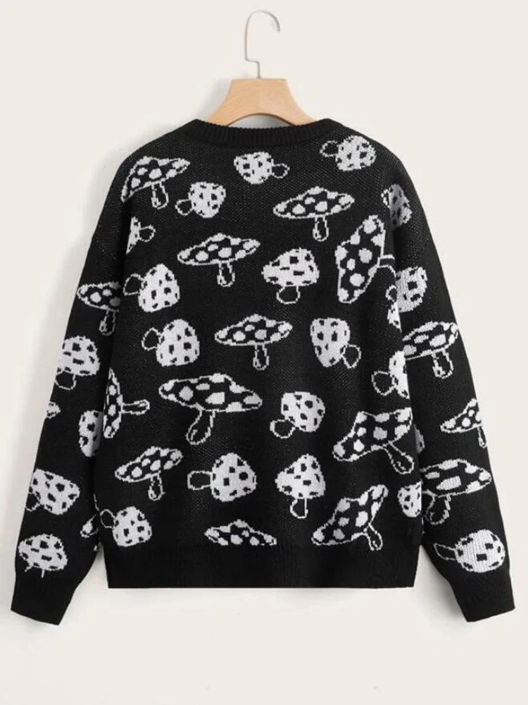 Mushroom Pattern Drop Shoulder Sweater Y2K Oversize women sweaters