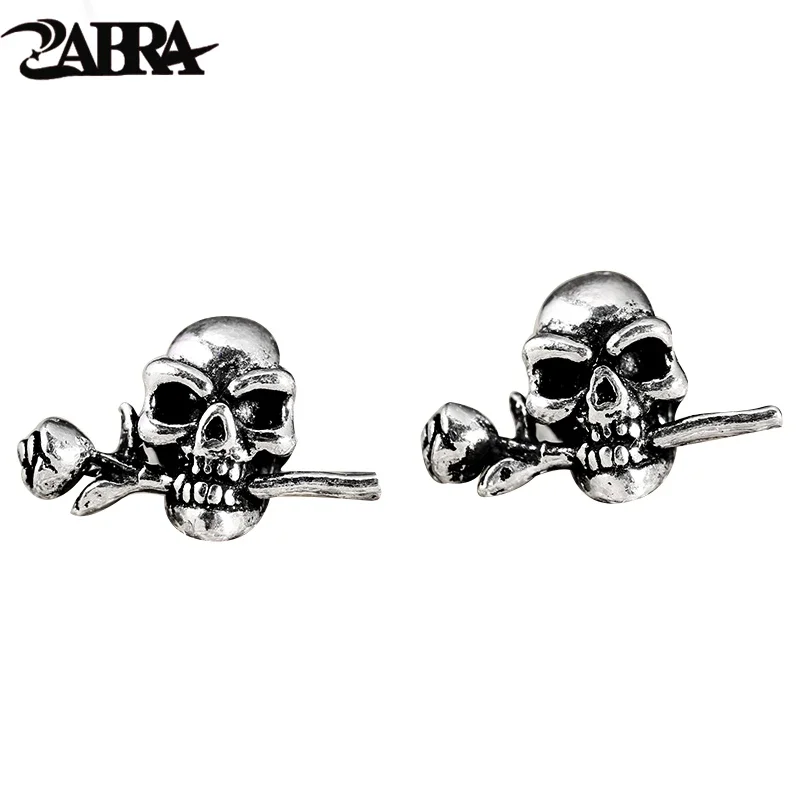 ZABRA 925 Sterling Silver Skull Rose Studs Steampunk Men Women Earrings Rock Biker Man Vintage Earring Male Black Jewelry