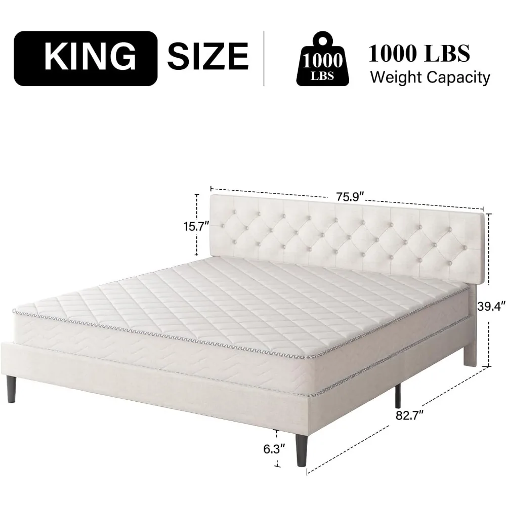 Size Bed Frame with Headboard, Linen Fabric Upholstered Bed Frame with Wood Slats, Button Tufted, No Box Spring Needed