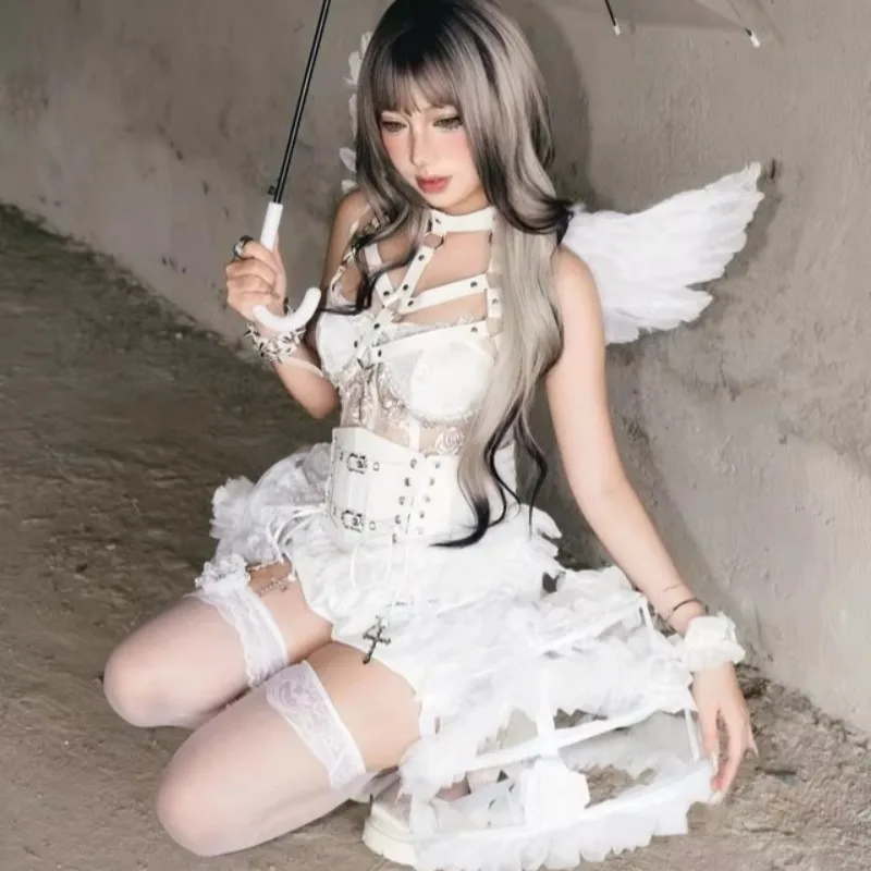 FallenVex Store Ladies Gothic White Party Costume Set Bandage Fishbone Corset  Pearl Beaded Birdcage Ruffle Short Flared Skirt