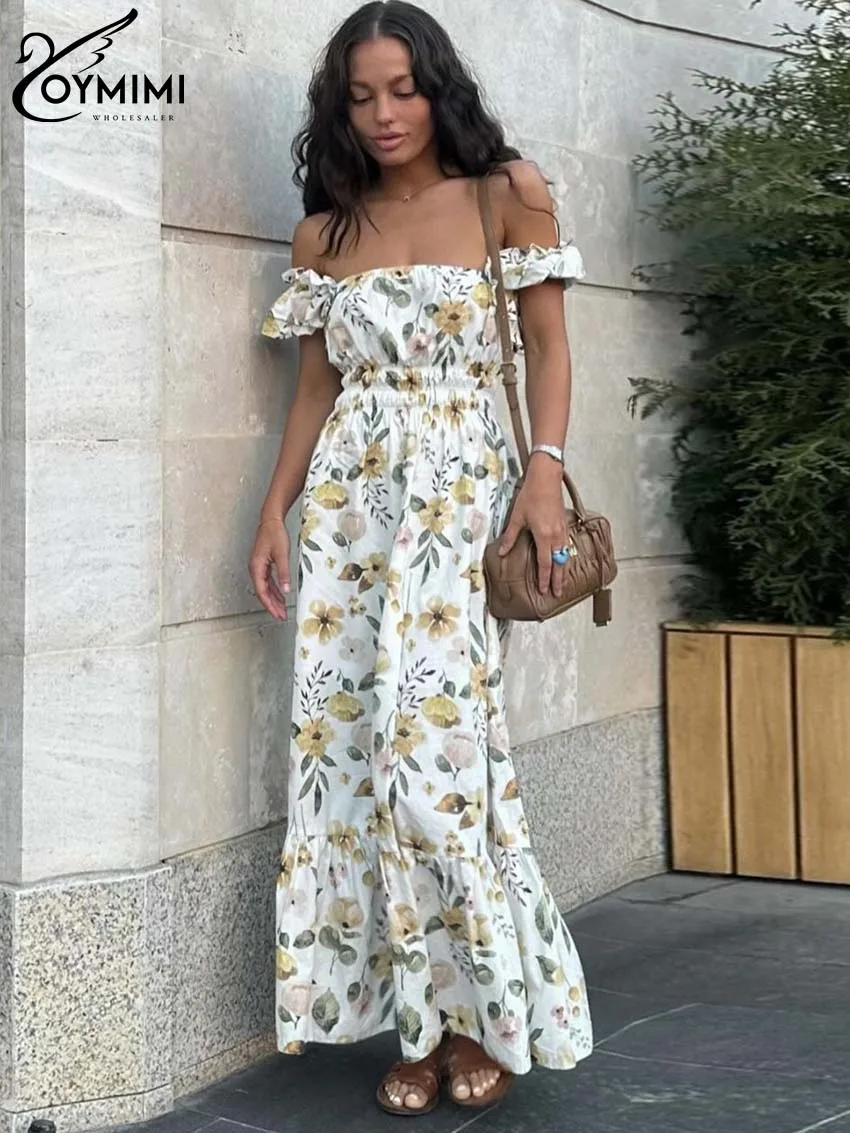 

Oymimi Casual White Print Dresses 2024 Women Fashion Strapless High Waisted Dresses Elegant Pleated Ankle-Length Dress Female