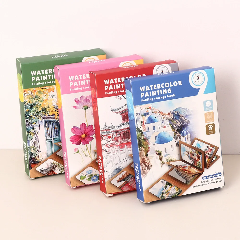 9 sheets/set Watercolor Painting Set, Thick Watercolor Folding Storage Book With a pen, Portable Art Kit Holiday Birthday Gifts