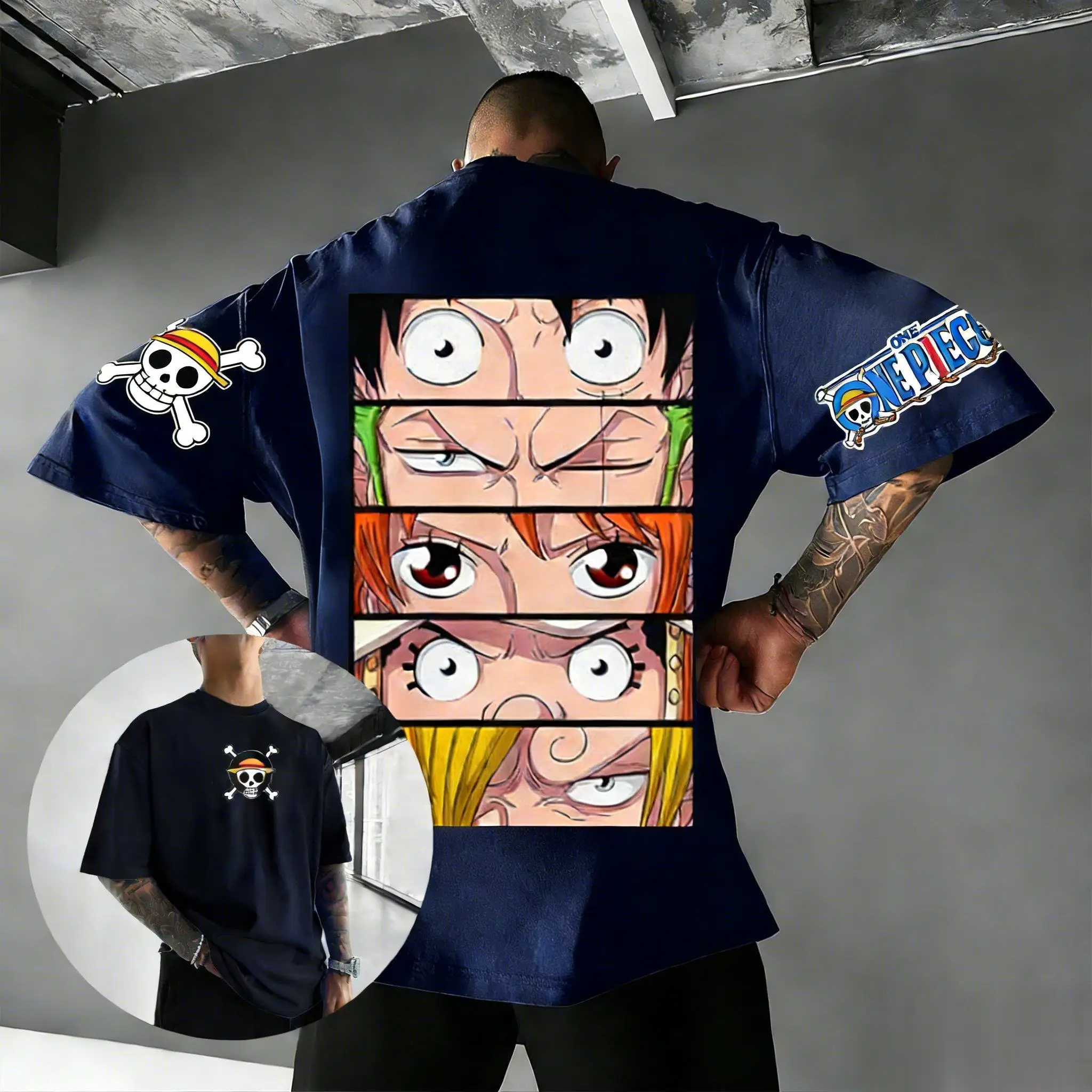 

2026 Summer Y2k Printed Anime T-shirt Luffy Zoro Sanji Nami Men's and Women's Loose Short Sleeve Street Parent Child Casual Top