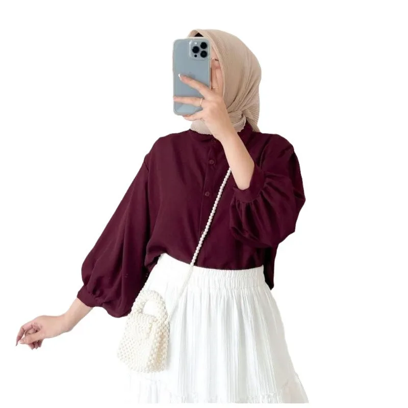 Women Eid Muslim Tops Turn Down Collar Blouses Single Breasted Cardigan Dubai Malaysian Solid Casual Sun Protection Button