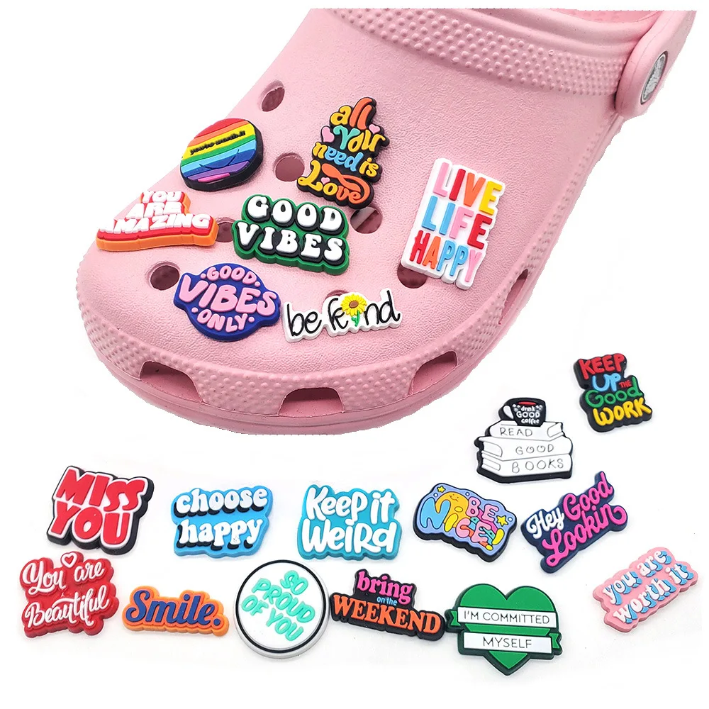 20-Pack Letter & Phrase Croc Charms - Cute PVC Soft Rubber Shoe Decor for Sandals & Beach Bags - DIY Accessories