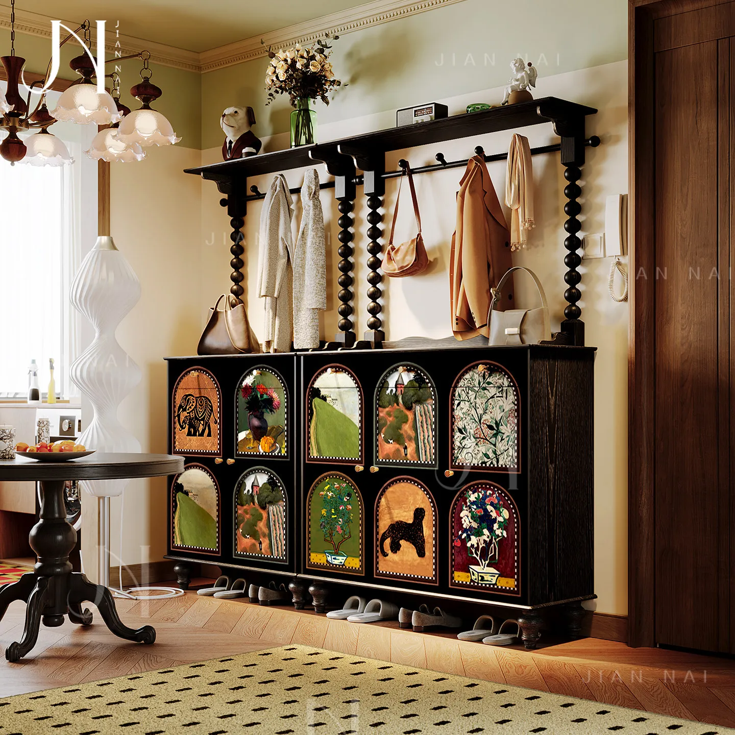 

French-style vintage solid wood entrance shoe cabinet with an exotic window view and a large capacity storage shoe rack
