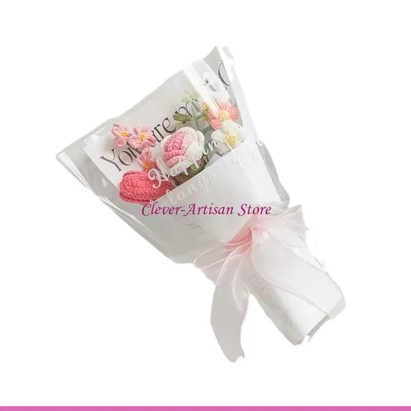 

E06B Hand Woven Wool Crochet Finished Product Simulation Sunflowers Rose Flowers Bouquet for Valentine's and Mother Day Gifts