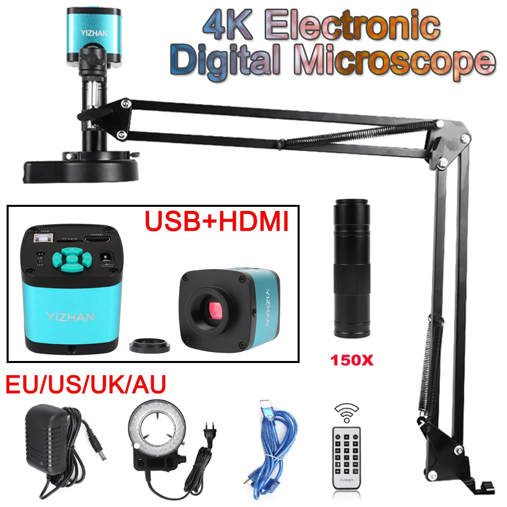 

48MP 4K 1080P HDMI USB Industrial Video Digital Microscope Camera 150X Zoom C Mount Lens Cantilever stand For Repair Soldering