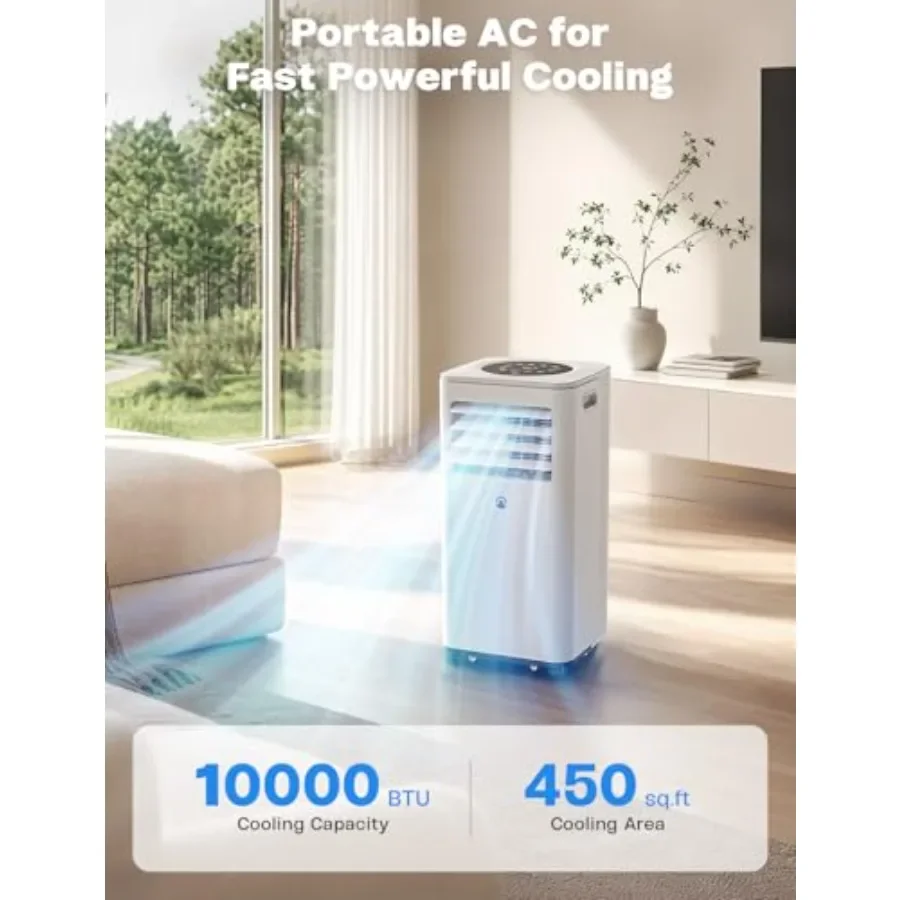Portable air conditioners for bedroom use, plastic housing, white color, 10000 BTU cooling capacity with 24H timer and smart sl