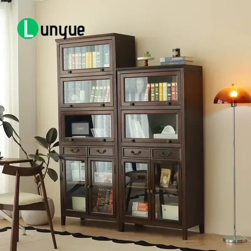 American Style Wooden Floor Bookcase with Dustproof Glass Doors Storage Locker Cabinet for Living Room Bedroom Home Office