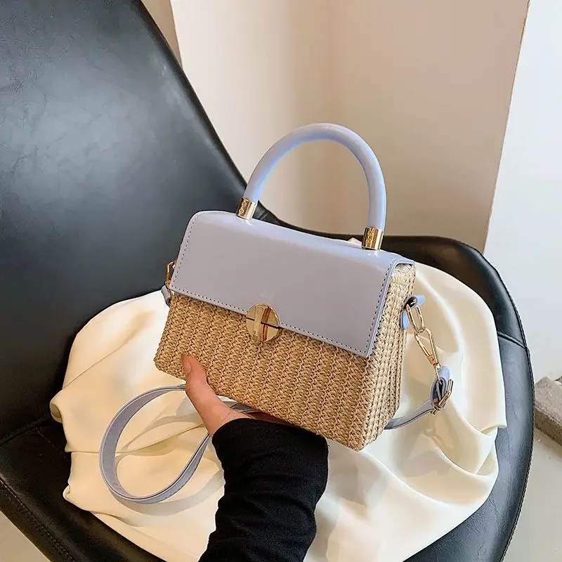 High end woven small square bag new women handbag fashion design splicing contrasting shoulder crossbody bag vacation beach bag