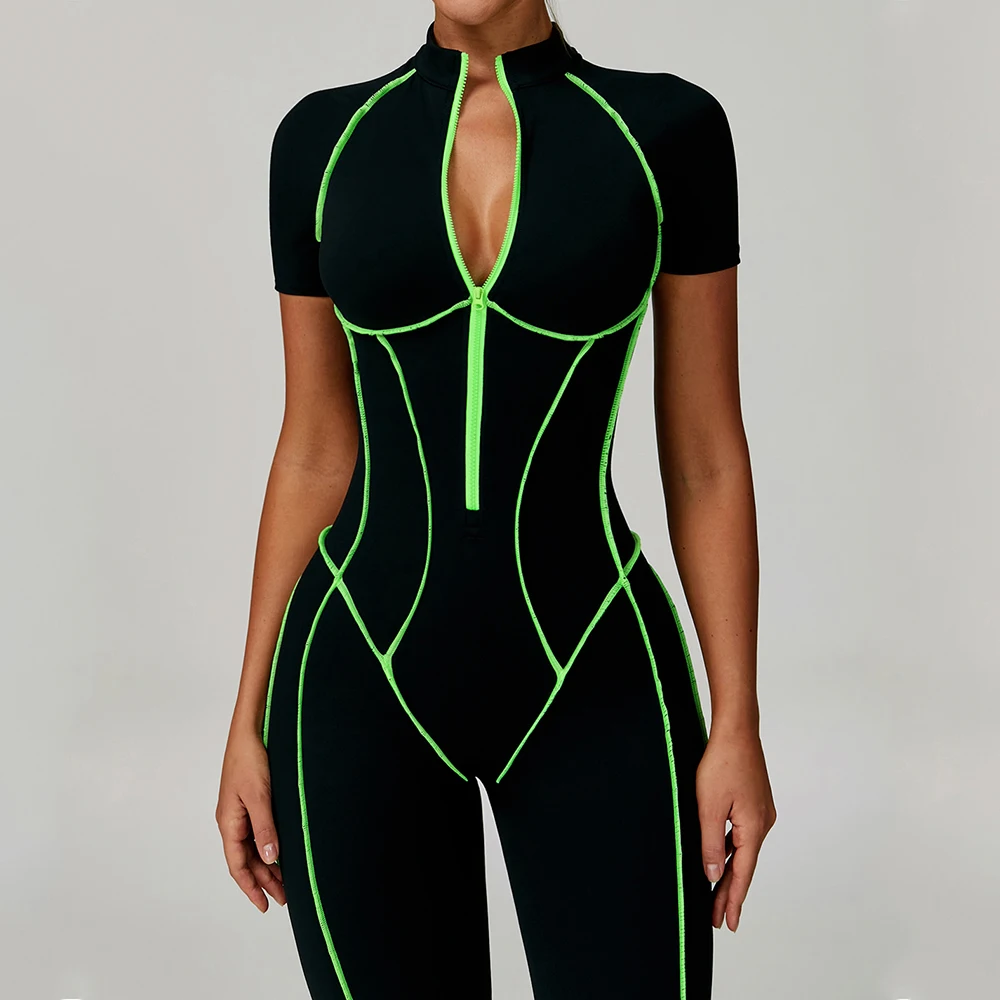 

Short Sleeve One-piece Set Half Zipper Yoga Rompers Women High-intensity Workout Jumpsuits Fitness Suit Skin-tight Gym Clothes