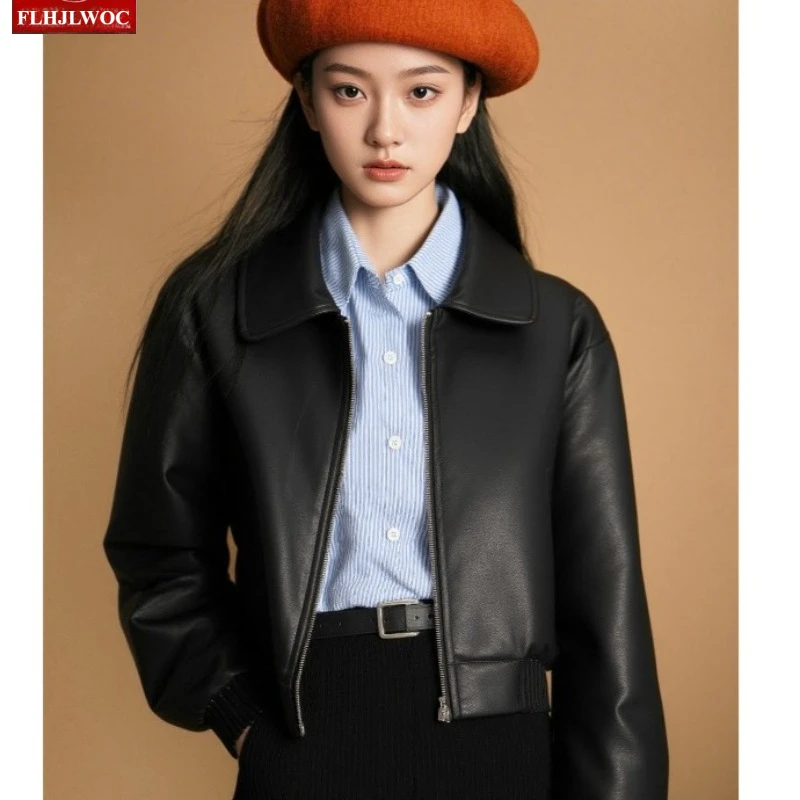 Short Coat Outerwear High Street Motorcycle Short Baseball Jacket French Design Fashion Zipper Chic Y2K Black PU Leather Jackets