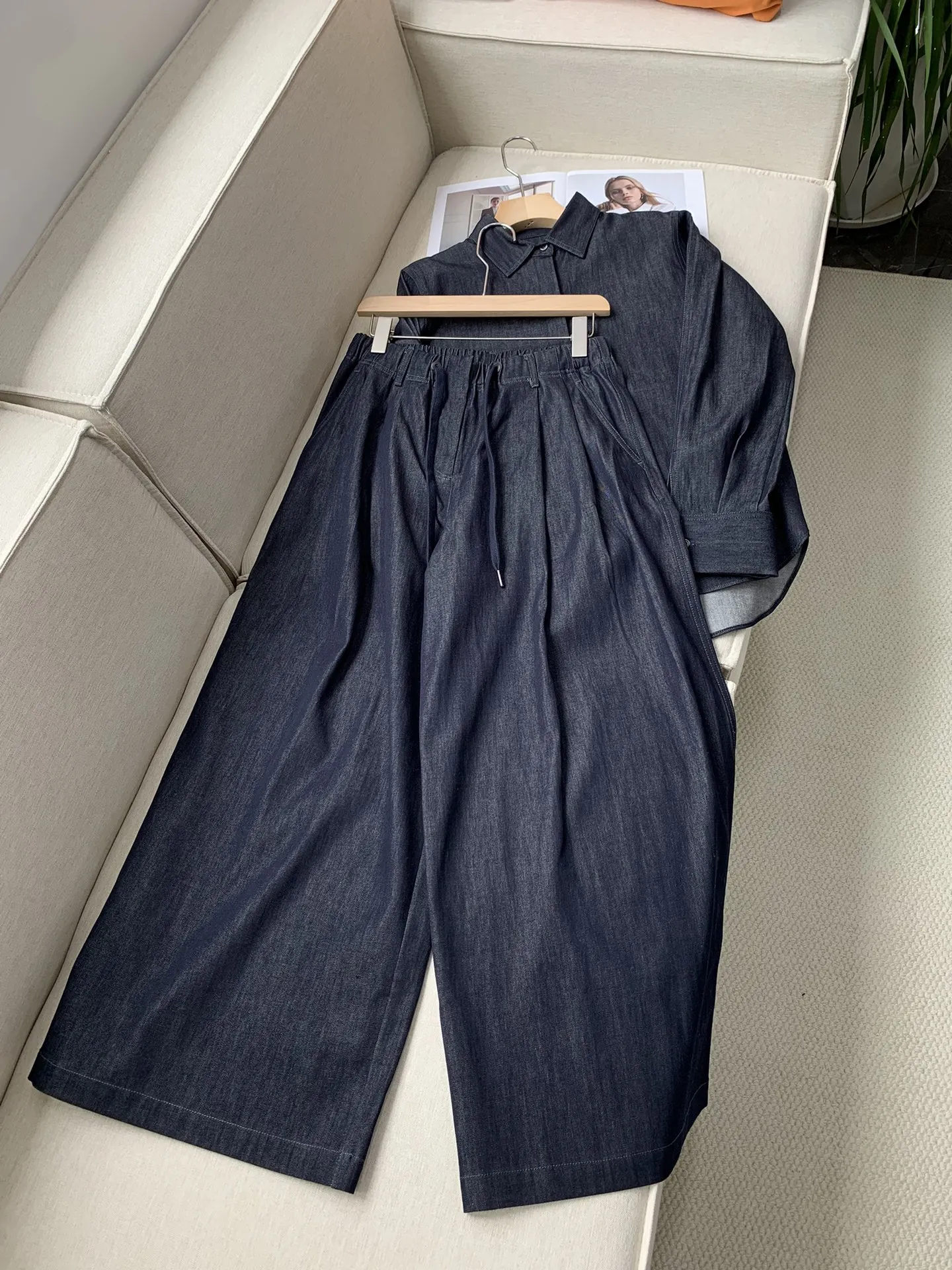 Autumn 2024 Denim Suit Long Sleeve Loose Denim Shirt Blouse + High Waist Drawstring Wide Leg Pants 2-Piece Set