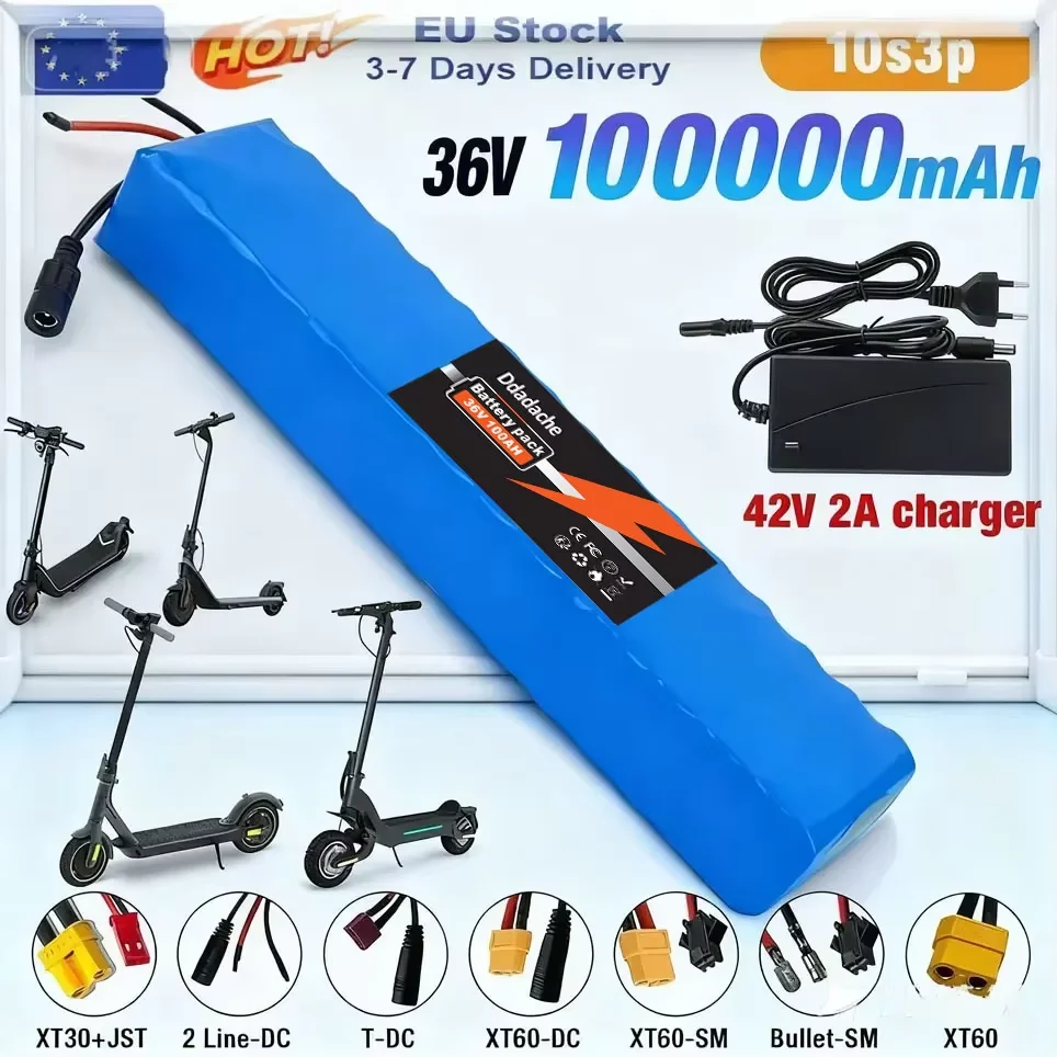 Batterie au lithium rechargeable 36V 100Ah 18650, 10S3P, 1000W, pour vélo, scooter, véhicule électrique, avec BMS + chargeur