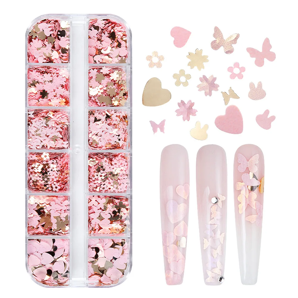 12 rejillas 3D conejo/mariposa/flor/corazón escamas de uñas vibrante oro rosa lentejuelas Kit de decoración de uñas accesorios de manicura DIY brillantes *