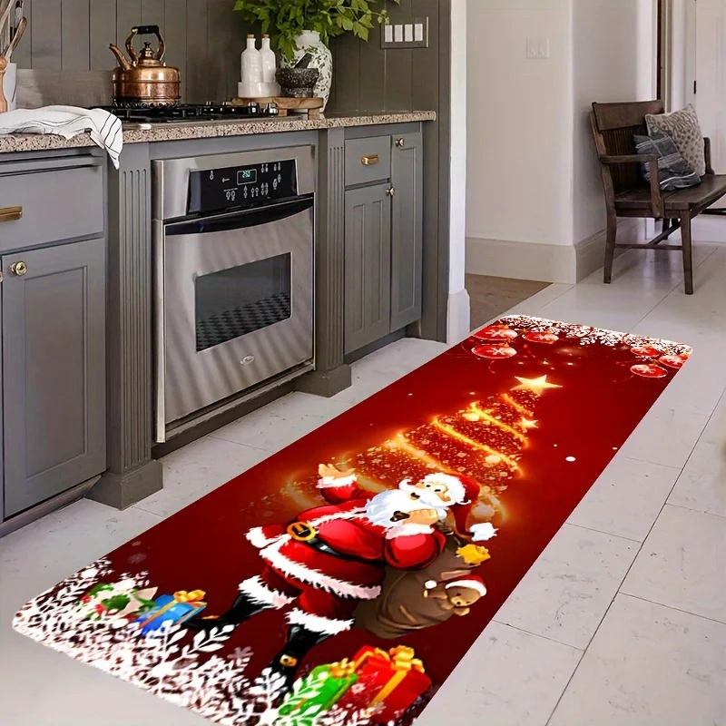 Red Christmas Santa Runner Rug  Glowing Xmas Tree Gift Box Snowflake Print Anti Slip Long Kitchen Floor Mat