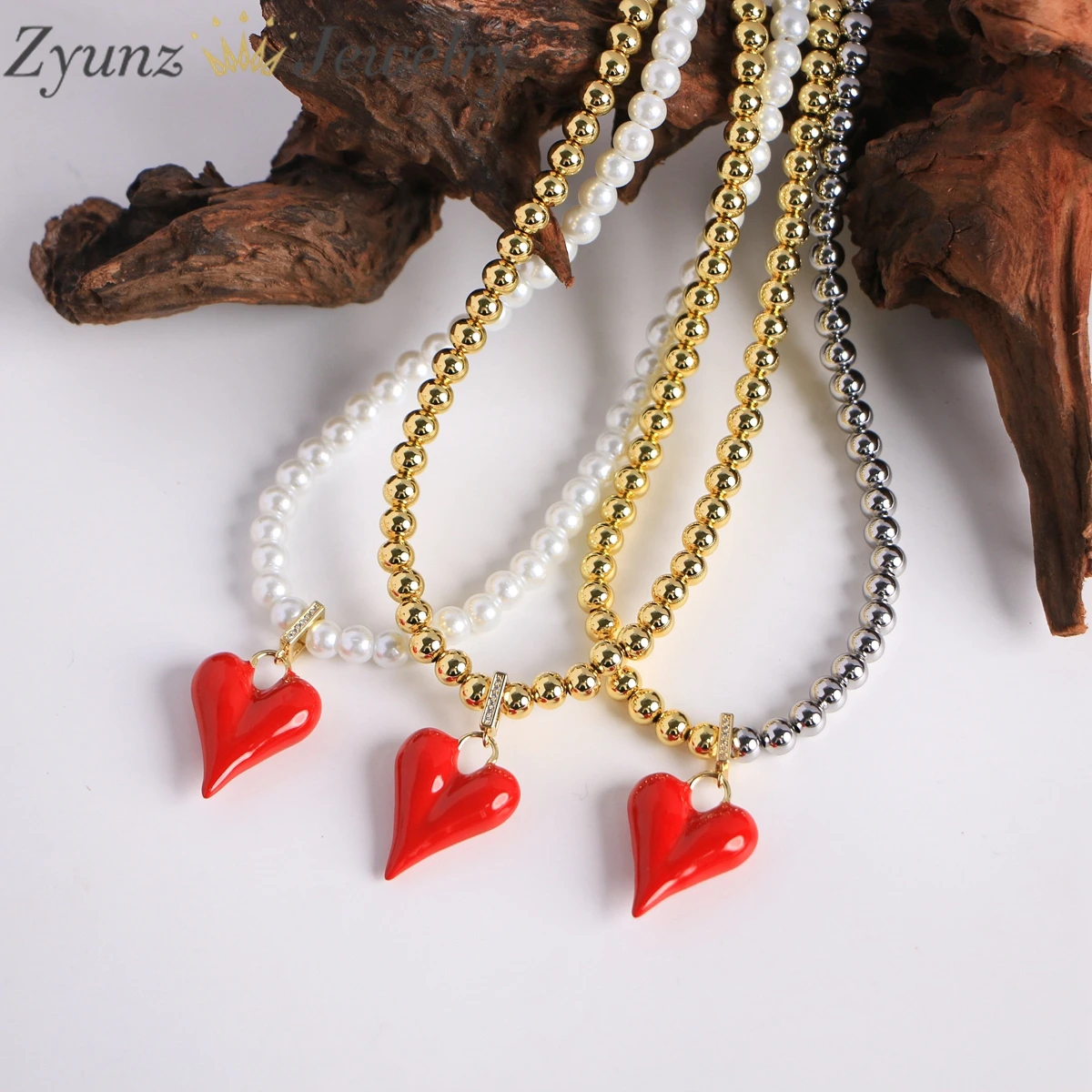 5PCS, Red Enamel Heart Pendant Necklace for Women Elegant Imitation Pearl Beads 18K Gold Silver Plated Ball Choker Jewelry