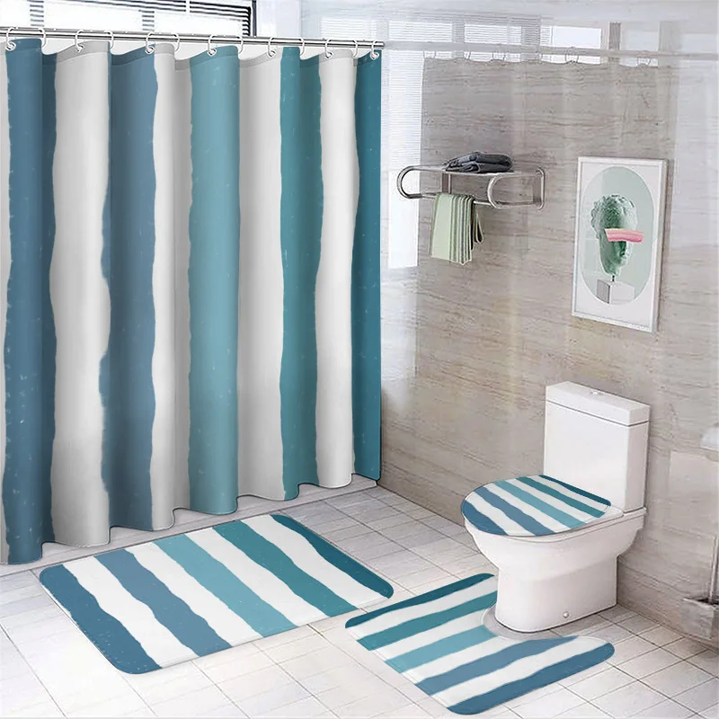 オーシャンテーマの航海ブルーバスルームセット-ストライプのシャワーカーテン、滑り止めバスマットとトイレカバー、防水4ピース装飾
