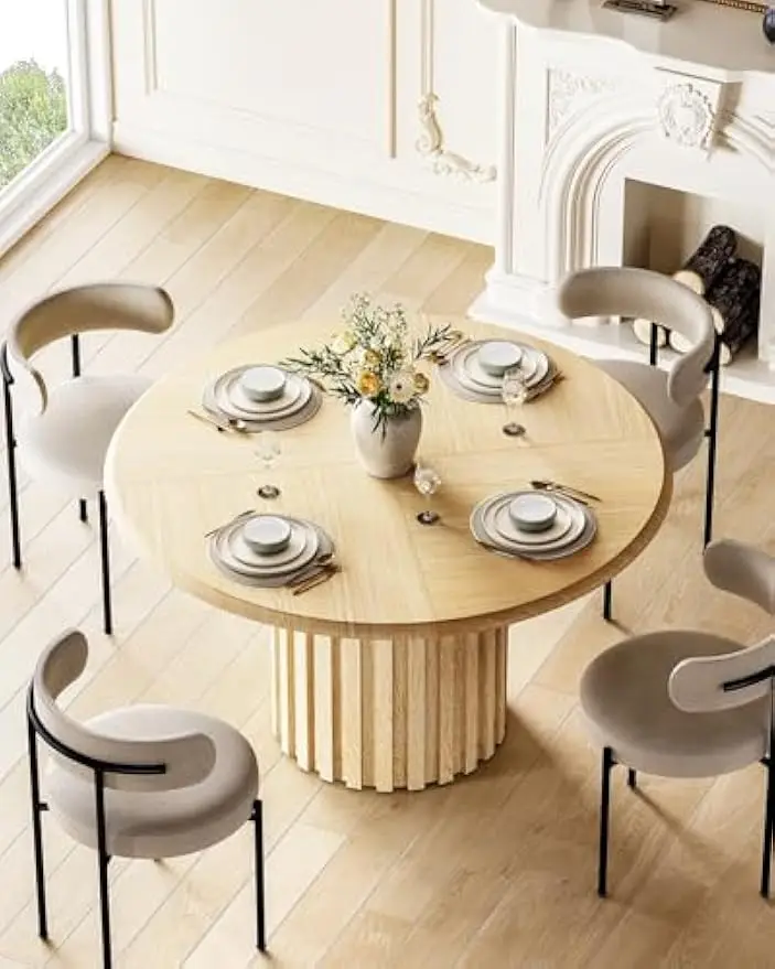 Mesa de comedor redonda de 47 pulgadas para 4, mesas de comedor de madera natural con pedestal estriado, mesa de comedor de cocina circular para